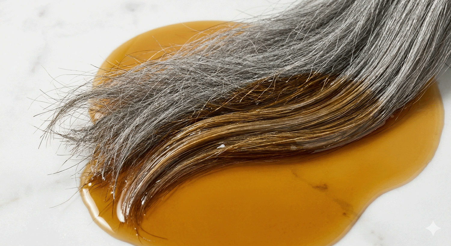 A lock of grey hair submerged in batana oil, transitioning unhealthy hair to healthy hair.