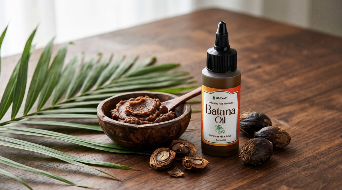 Well's Oil 100% Batana Oil from Honduras with raw batana paste, palm nuts, and a palm frond