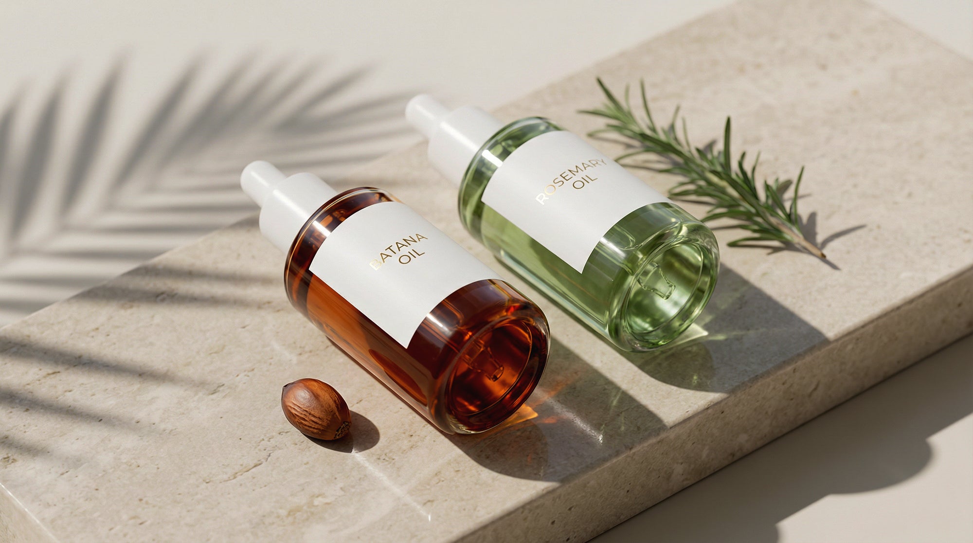 Batana oil and rosemary oil dropper bottles on stone surface with natural light