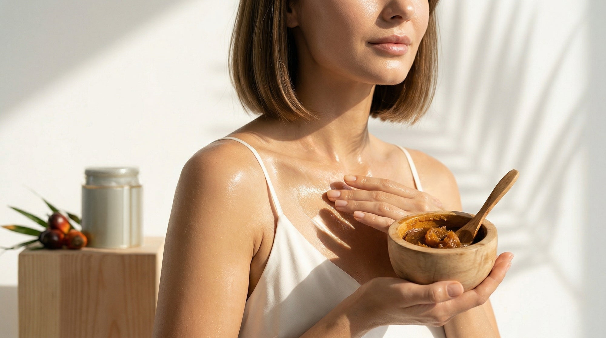 A woman applying batana oil to her skin, moisturizing and providing healthy skin.