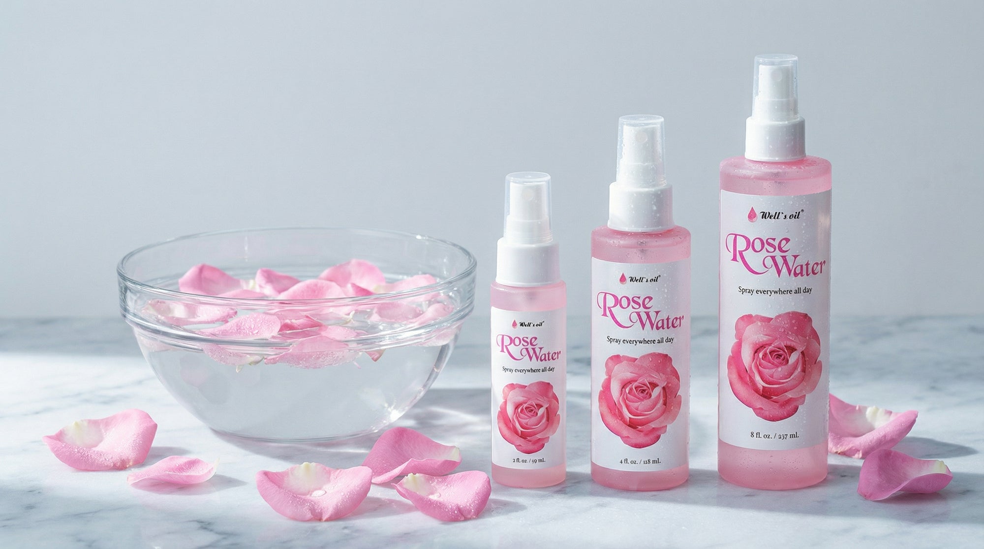 Rose water spray bottles in multiple sizes displayed beside a glass bowl filled with rose petals and water.