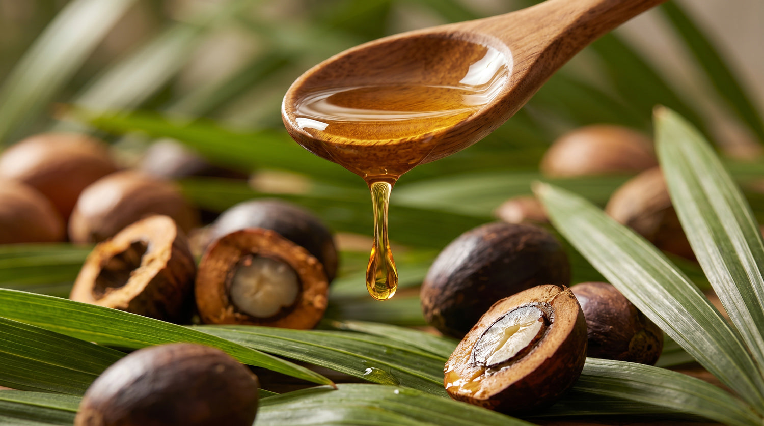 Batana oil dripping from wooden spoon over palm nuts and leaves, rich natural hair oil for growth, strength, and shine