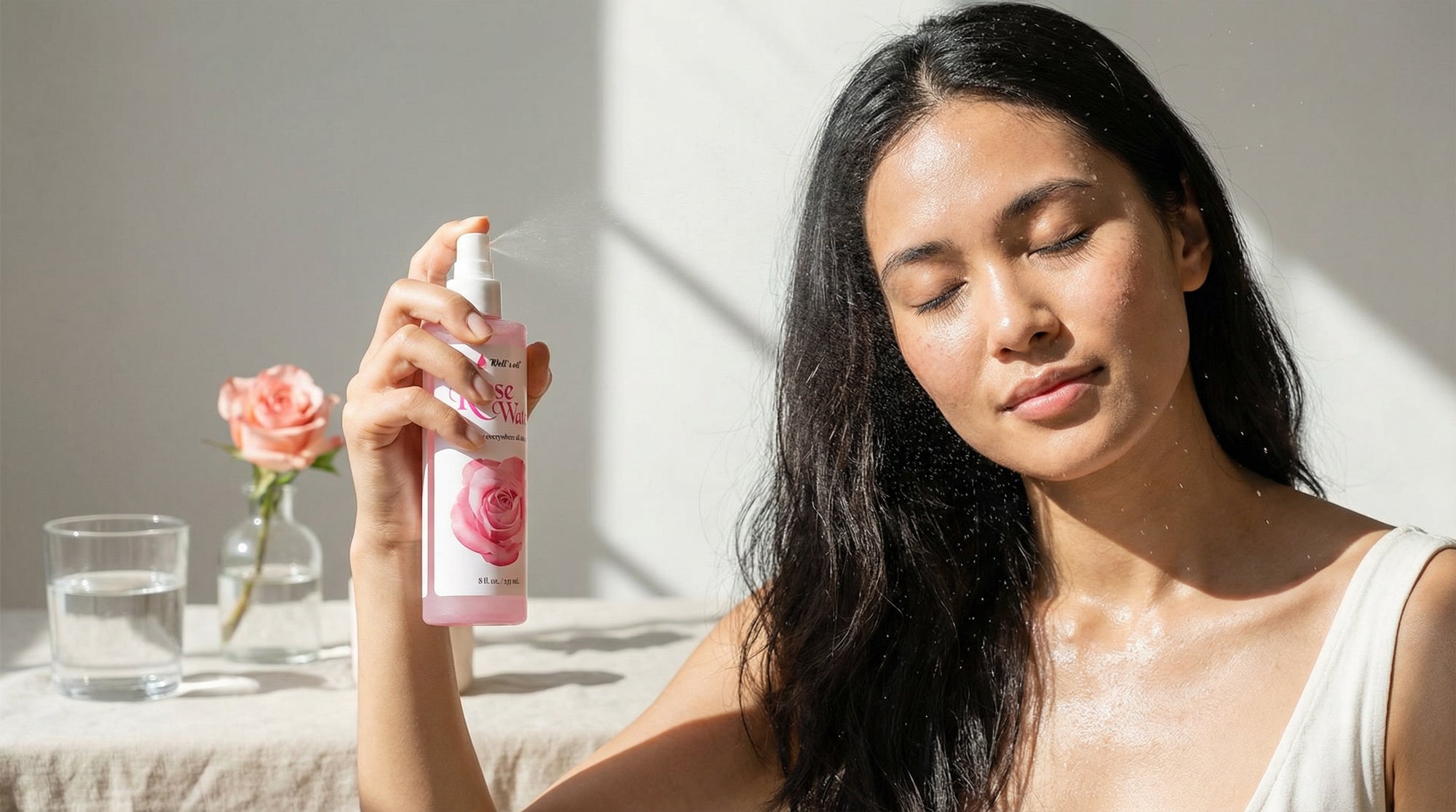 Woman using rose water facial mist indoors as part of a simple skincare routine for calming and hydrating the skin.