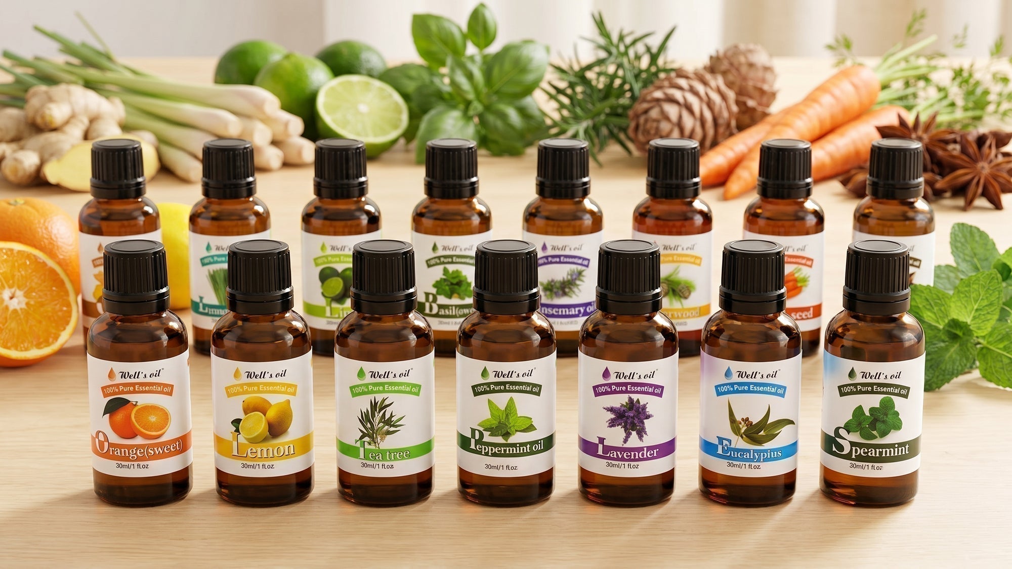 A collection of IWELL US Well's Oil's 100% Pure Essential Oils