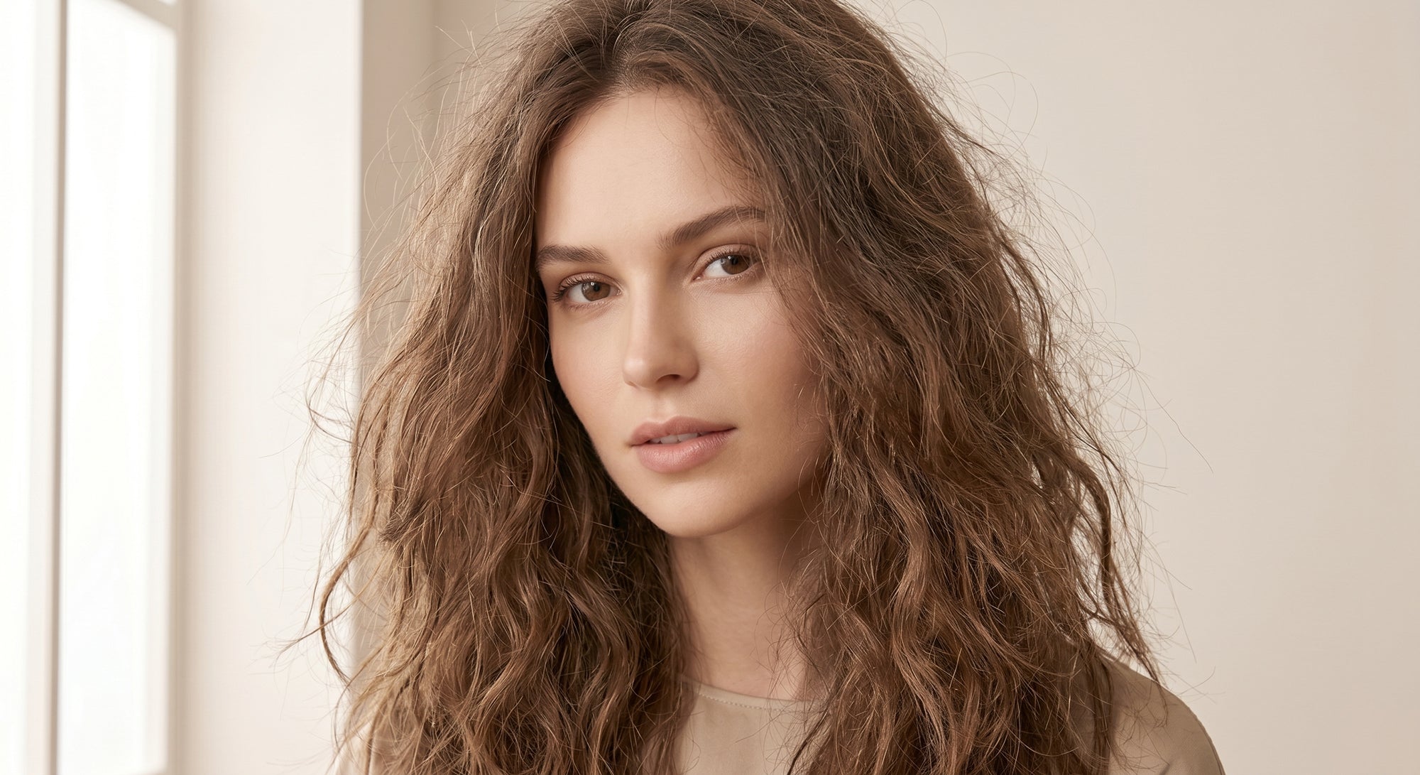 A woman with frizzy dry hair with visible flyaways and rough texture caused by lack of moisture