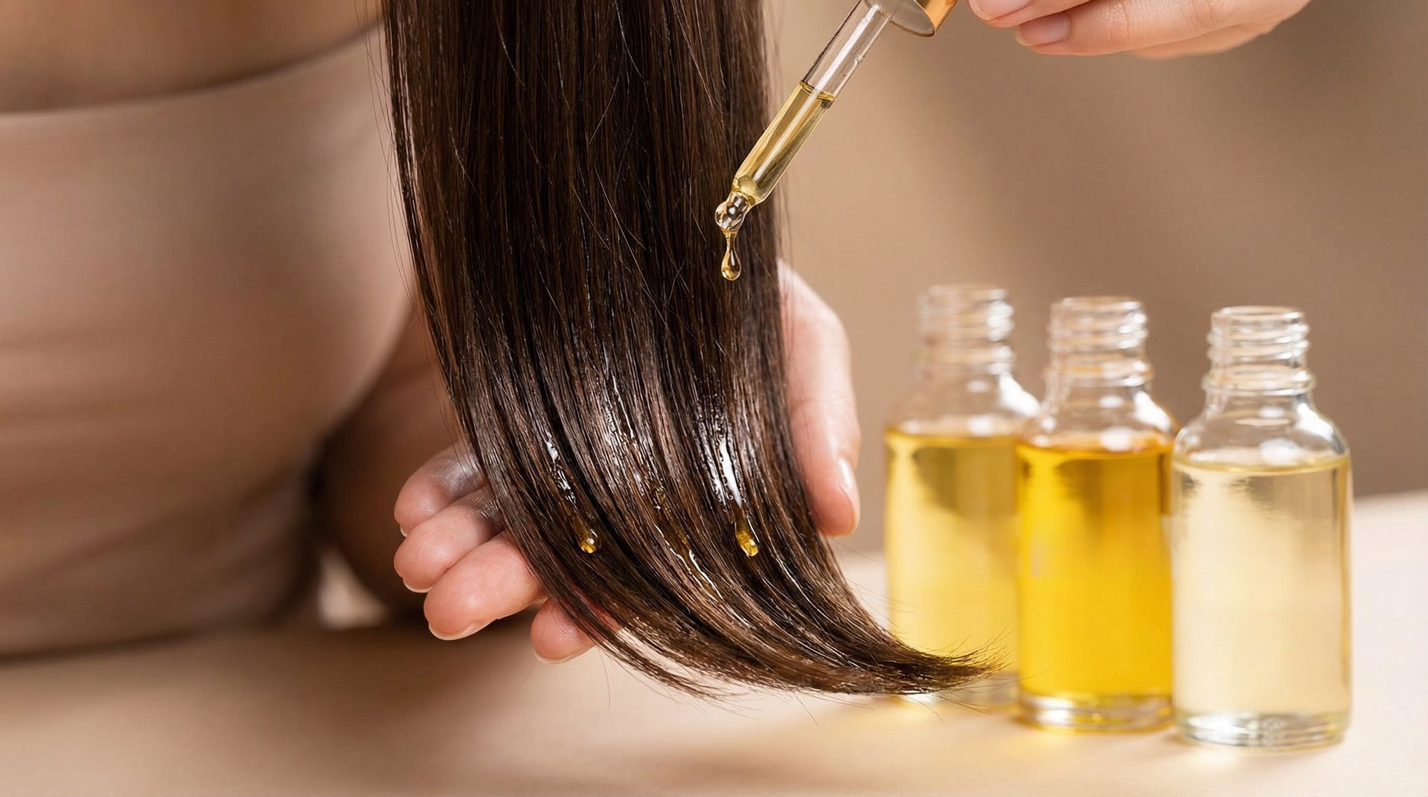 Close-up of glossy hair ends being treated with a dropper applying natural oil, with small bottles of golden oils in the background, highlighting hydration and shine.