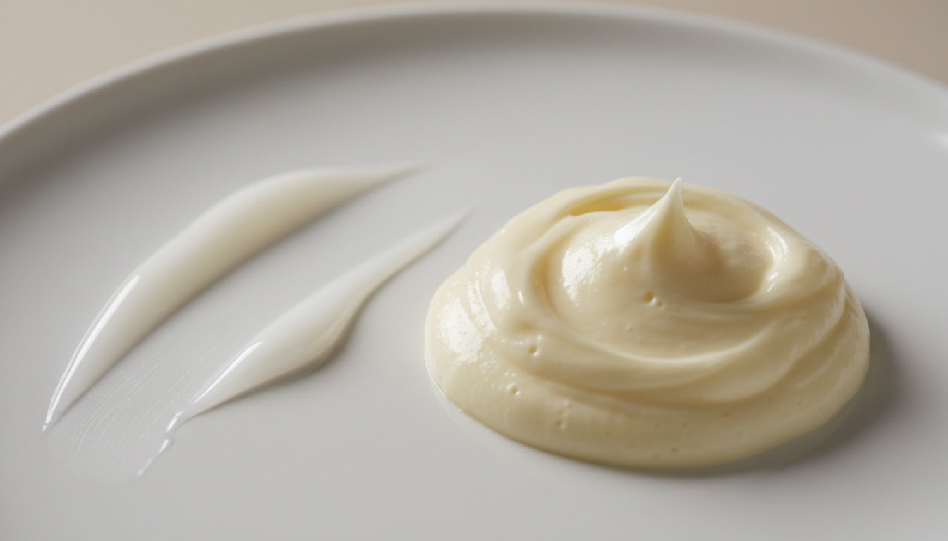 Close-up of thick, creamy hair mask texture with smooth, glossy peaks on a neutral surface.