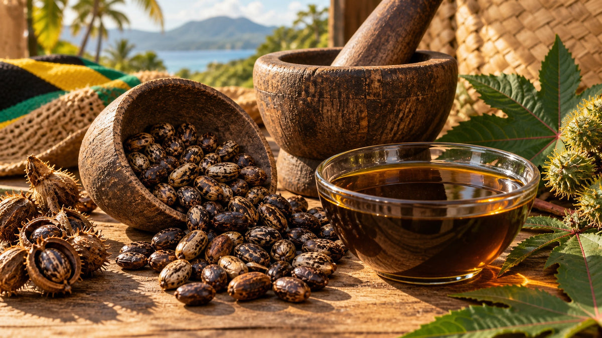 Traditional Jamaican black castor oil making with roasted castor beans, mortar, and dark oil