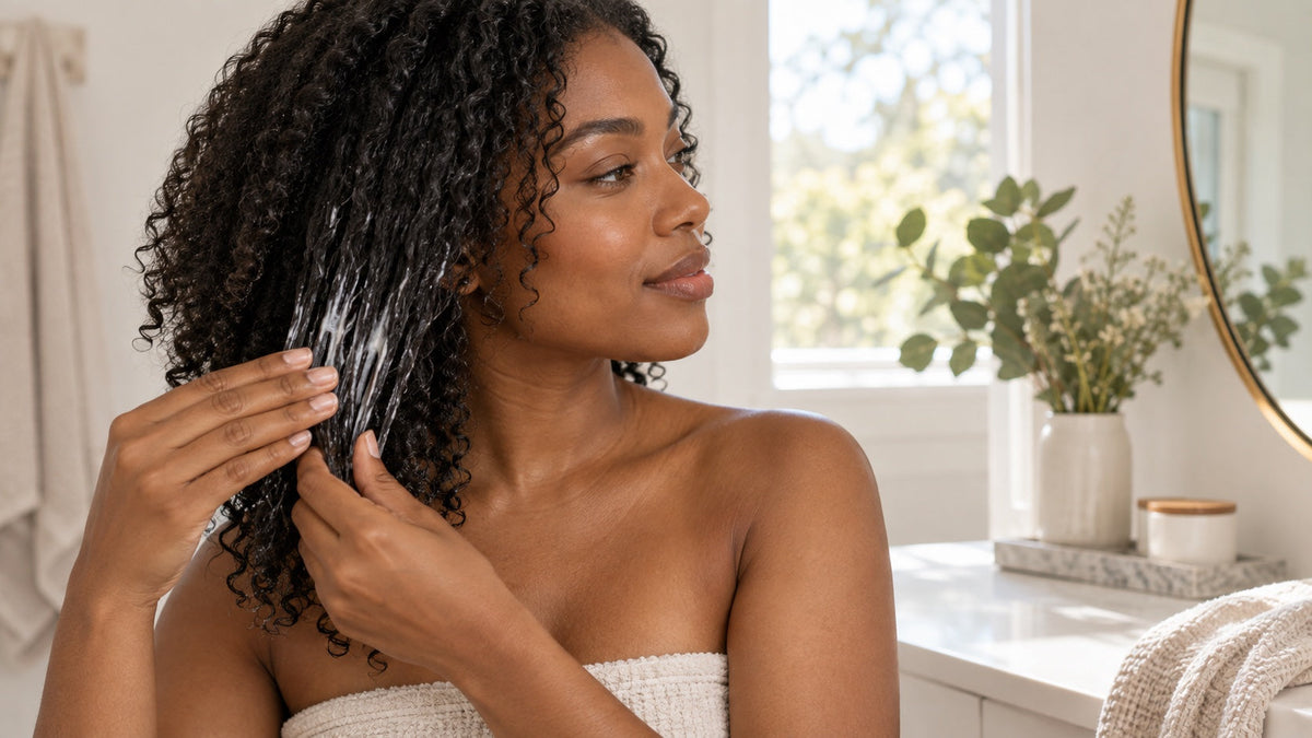 Woman applying a leave-in hair mask to damp natural curls in soft window light