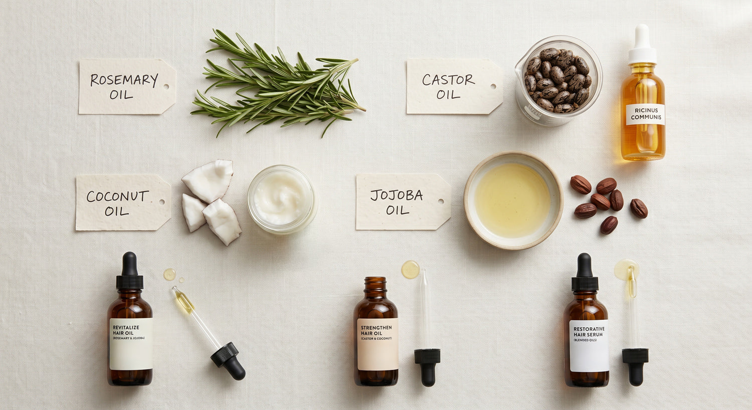 Top view of hair growth oils including rosemary oil, castor oil, coconut oil, and jojoba oil with ingredients used for natural hair care