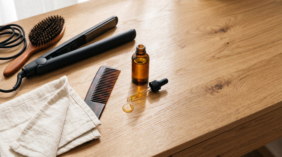 Flat iron, brush, comb, and a dropper bottle of hair oil heat protectant on a wooden vanity