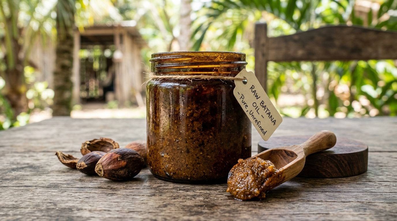 Authentic raw batana oil from Honduras in a jar with palm nuts, showing thick unrefined texture and earthy consistency