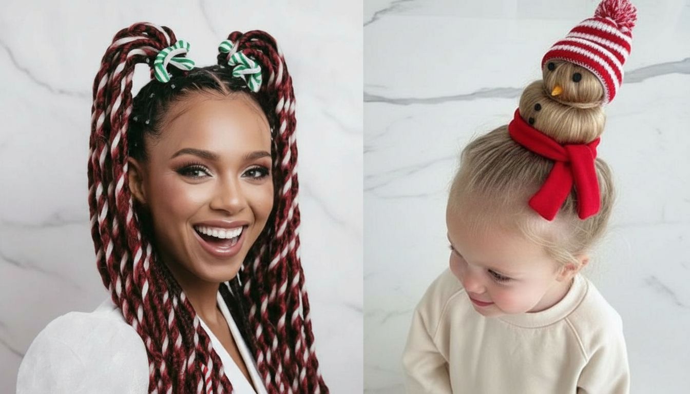 A woman with christmas themed braids and a kid with snowman hairstyle