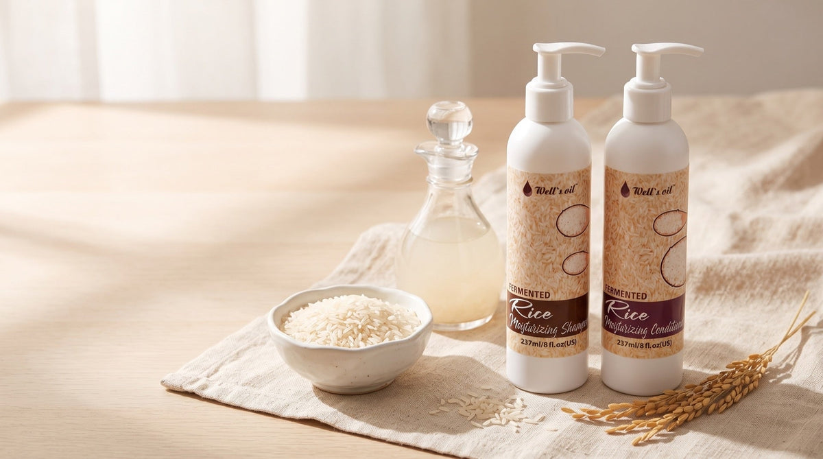 Well's Oil Fermented Rice Moisturizing Shampoo and Conditioner with a bowl of rice and rice water