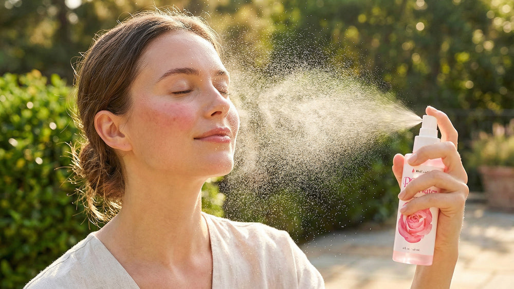 A woman hydrating skin by spraying IWELL US Well's Oil Rose water on her face
