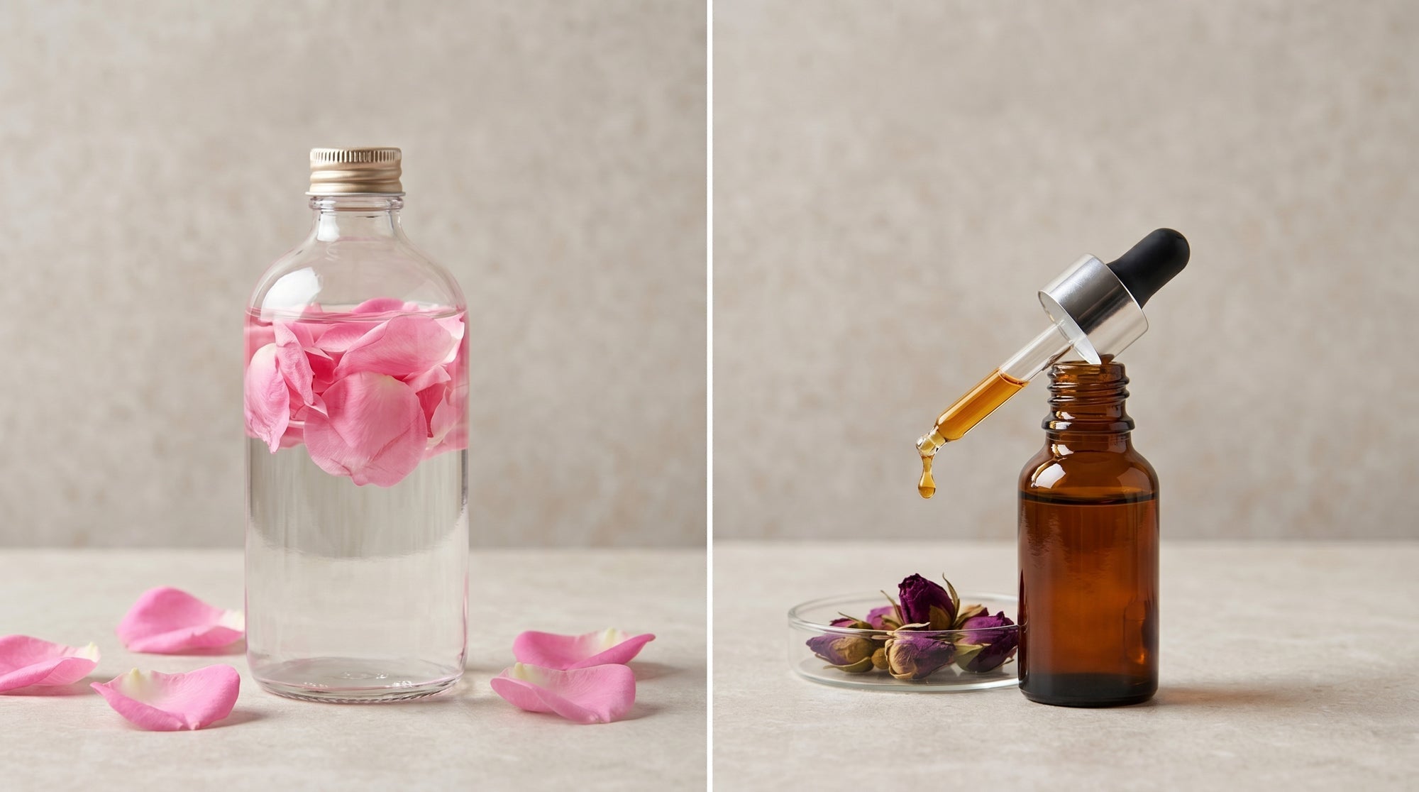 split-screen view: Left, rose water with fresh petals; Right, amber dropper bottle of rose essential oil and dried rosebuds.