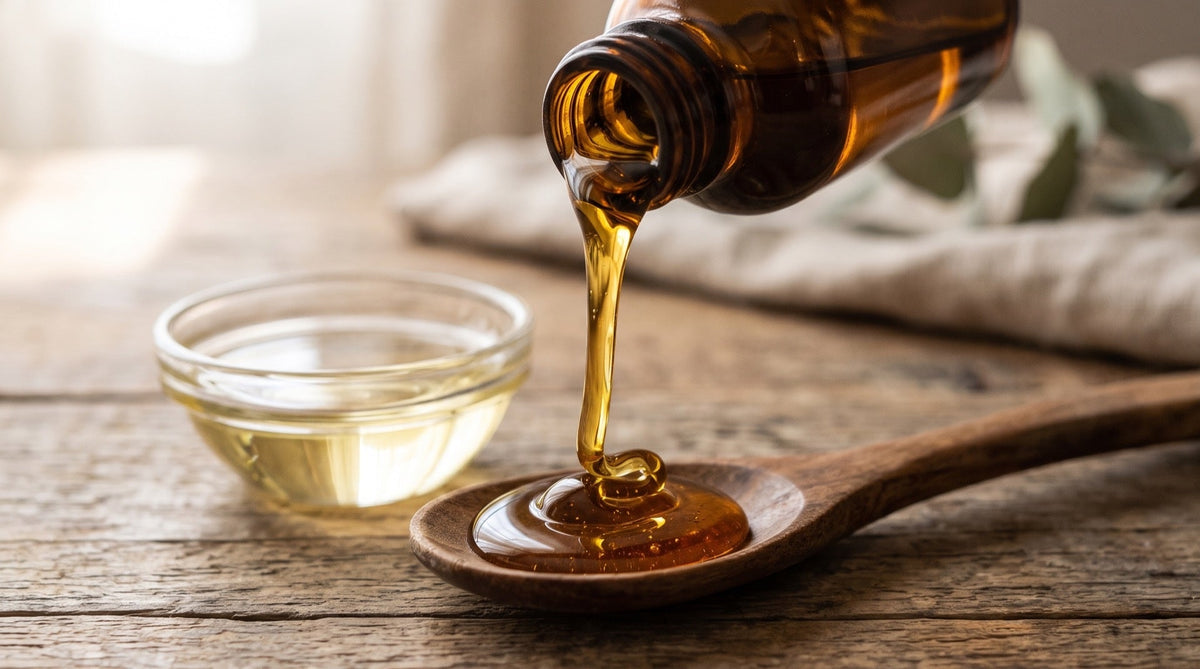 Thick oil pouring slowly onto a wooden spoon next to a dish of lighter oil, showing the difference in viscosity