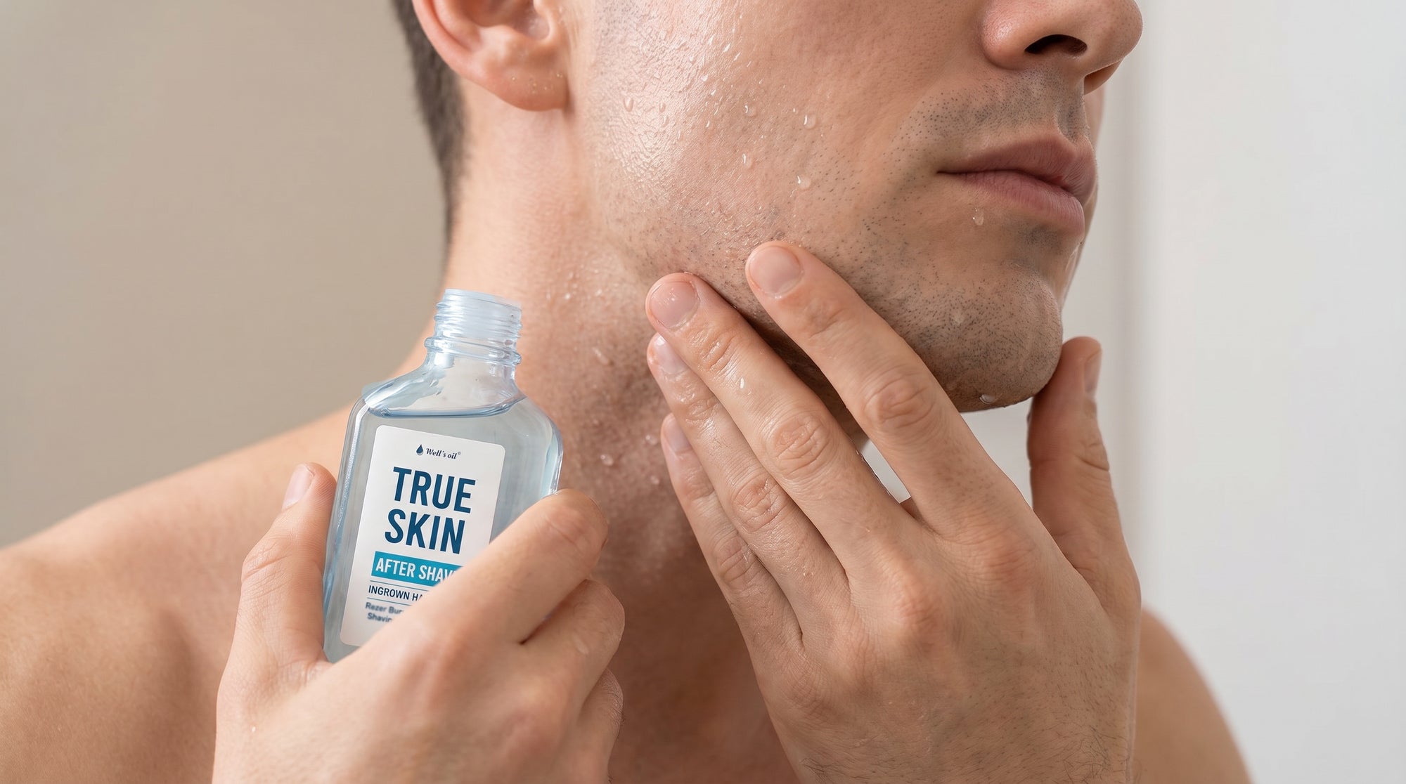 Man applying True Skin After Shave after shaving for a refreshing post-shave grooming routine