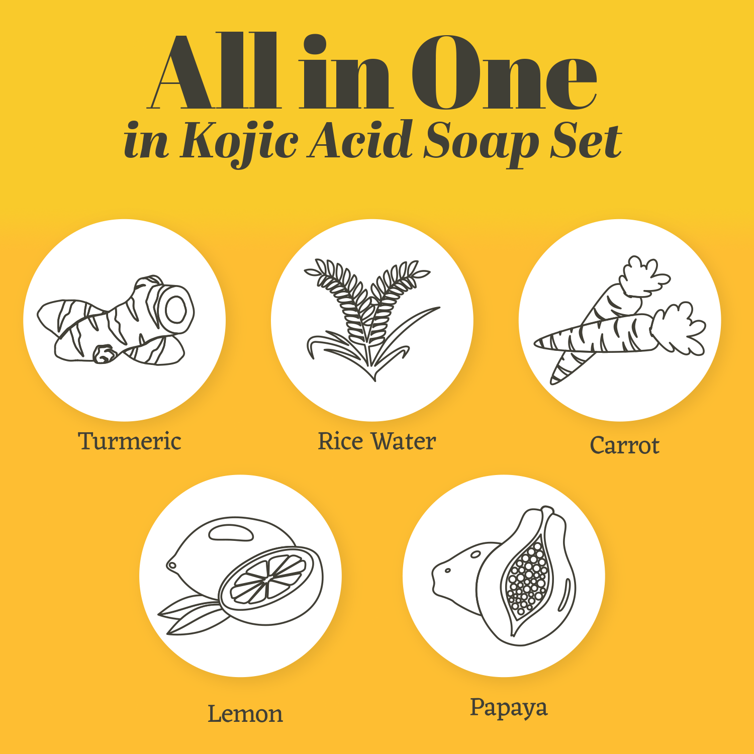 Kojic Acid Soap Bar Set (Turmeric, Rice, Papaya, Carrot, and Lemon) | 5 pcs