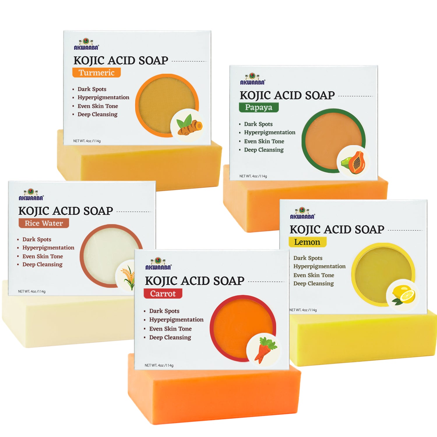 Kojic Acid Soap Bar Set (Turmeric, Rice, Papaya, Carrot, and Lemon) | 5 pcs